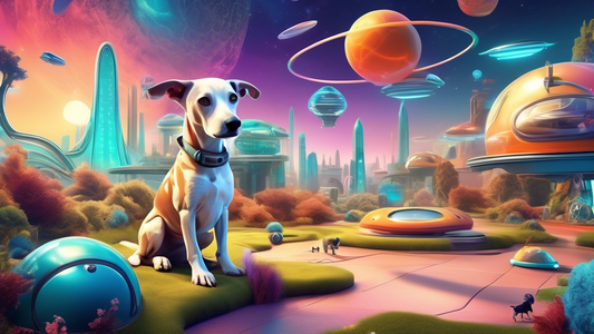 Create an imaginative and vibrant scene depicting a futuristic planet named Dog Snoop, designed specifically for dogs. The environment should feature playful elements such as doggie playgrounds, obsta
