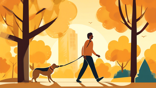 Create an image of a happy large dog, such as a Golden Retriever or German Shepherd, being walked in a sunny park on a sleek, modern retractable leash. The leash should feature durable construction, e