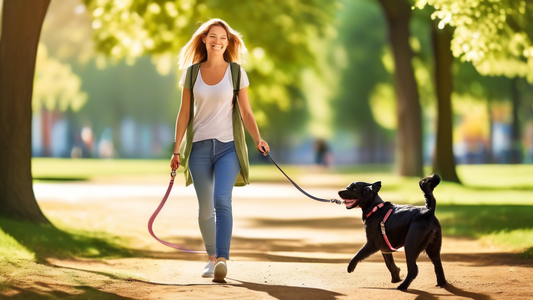 Create an image showing a happy dog owner walking their dog with an over-the-shoulder dog leash. The owner looks relaxed and comfortable, with the leash going diagonally across their chest. The dog is