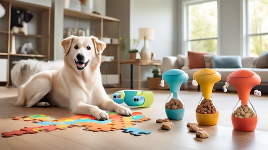 A cozy living room setting with several innovative dog treat dispensers on display. Each dispenser showcases unique designs: one resembling a colorful puzzle, another shaped like a whimsical bone, and
