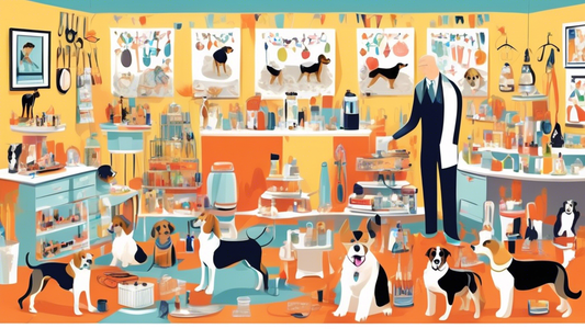 Create an image of a bustling dog show preparation area filled with essential supplies such as grooming tables, brushes, combs, dog treats, water bowls, stylish dog outfits, ribbons, and trophies. Inc