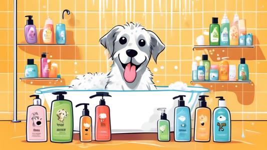 A happy dog with a shiny, clean coat sits contentedly beside several bottles of top-quality dog shampoos. The background shows a bright, clean bathroom with a stylish bathtub, fluffy towels, and a paw