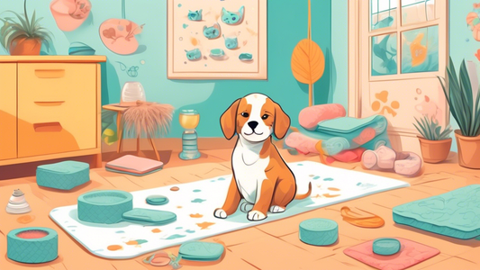 A cozy indoor setting with various types of pee pads on display: eco-friendly pads, absorbent gel-filled pads, and reusable washable pads. A cute puppy and kitten are seen inspecting the different opt