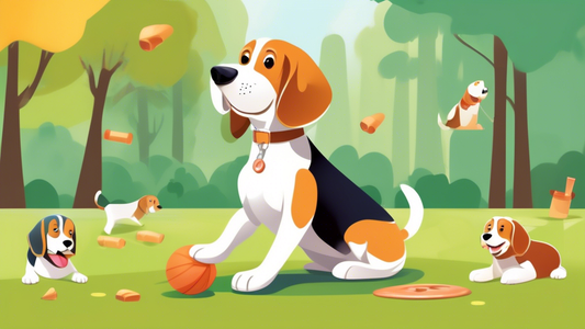 Create an image of a happy Beagle engaged in various training activities with its owner. Illustrate the dog successfully performing basic commands like sitting, staying, and fetching. Include positive