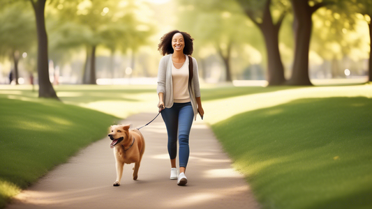 Create an image of a happy dog owner walking their dog in a beautiful park setting, using a Gentle Leader leash. The dog appears calm and well-behaved, with the leash comfortably positioned on its hea