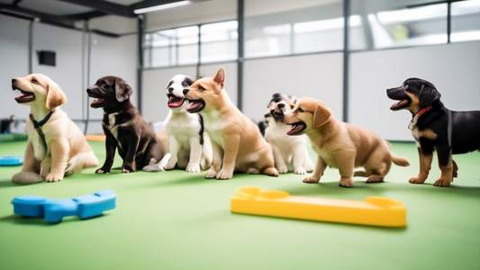 An image of a group of happy puppies of various breeds engaged in a structured training session at a well-equipped dog training facility. The trainers, wearing uniforms with a company logo, are using