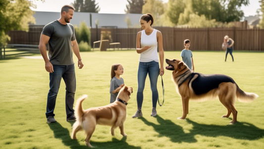 A heartwarming scene of a family visiting a professional dog training center in a local neighborhood, where skilled trainers are working with a protective dog. The environment is welcoming with an out