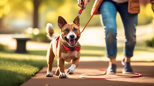 Create an image depicting an indestructible, chew-proof dog leash being tested by a playful dog. The leash features a sleek, modern design with reinforced materials that are being tugged and chewed by