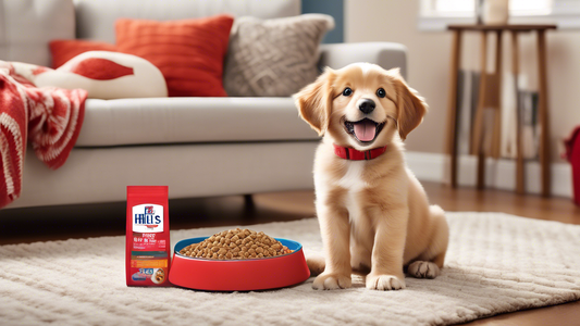 Create an image of a happy, playful puppy in a cozy living room setting, with a bag of Hill's Science Diet puppy food prominently displayed nearby. The room should include pet-friendly elements like a