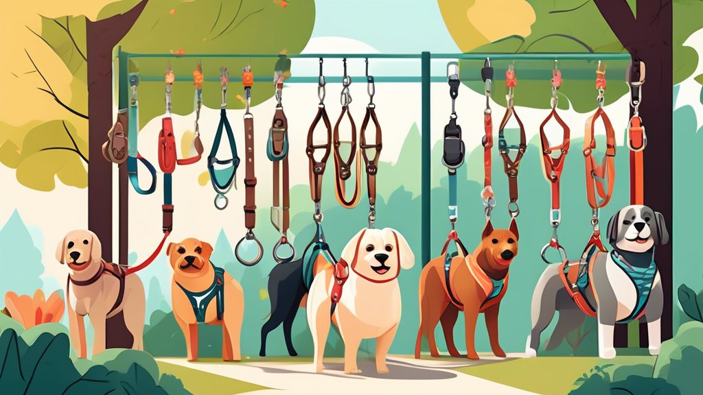 A variety of stylish and functional dog harnesses displayed on an outdoor rack, each featuring elegant designs and high-quality materials. In the background, happy dogs of various breeds are being wal