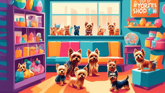 A vibrant and cozy pet shop interior with a 'Teacup Yorkies for Sale' sign. Tiny, playful Teacup Yorkies are seen in a spacious, clean enclosure with colorful toys and comfy bedding. Pet shop staff ar