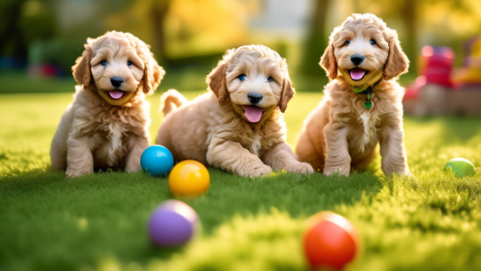 A heartwarming scene featuring a litter of playful Goldendoodle puppies with their soft, curly fur and big, expressive eyes. They are frolicking on a lush green lawn with colorful toys scattered aroun
