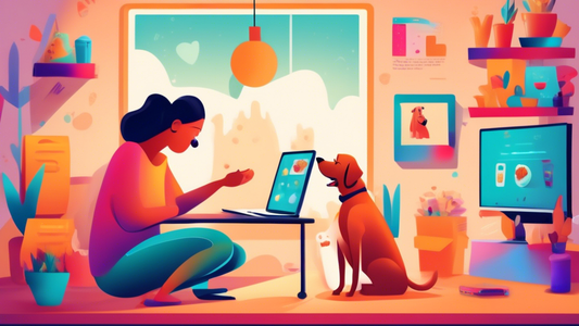 Create an image of a cheerful person sitting at a computer, browsing through various online stores with colorful, affordable dog food options displayed on the screen. Their happy dog is sitting next t