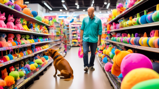 A brightly lit pet store aisle filled with a variety of colorful dog toys, with a focus on a pet owner carefully examining a durable, non-toxic rubber toy. The pet owner, a smiling man in casual cloth