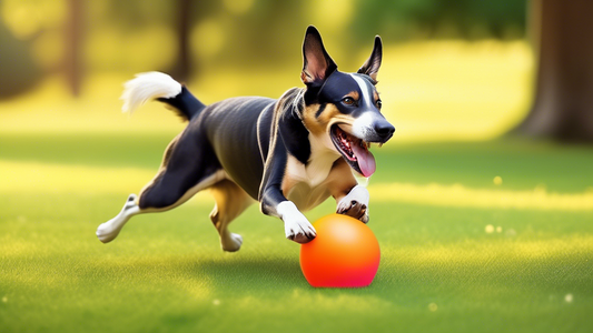 Create an image of a cheerful dog playing in a spacious, sunny park with an innovative self-throwing dog toy. The dog toy should look modern and high-tech, possibly with sleek lines and a small contro