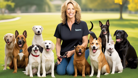 Create an image of Susan Garrett, a renowned dog trainer, surrounded by a diverse group of well-behaved dogs of various breeds in a beautifully manicured park. Susan is demonstrating positive reinforc