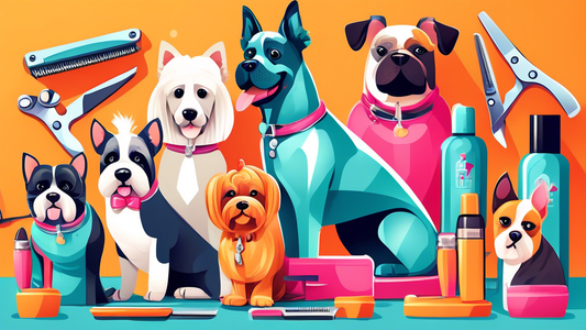 Create an image of a stylish pet grooming salon featuring a diverse range of top-quality dog clippers displayed on a counter. Show happy, well-groomed dogs of various breeds enjoying their grooming se