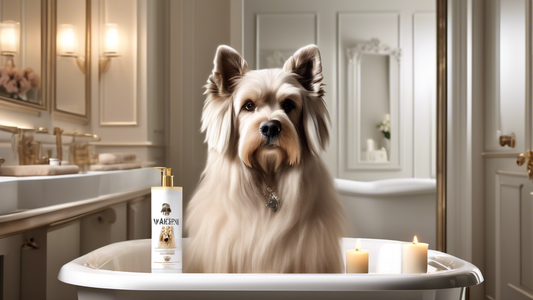 Create an elegant and stylish advertisement scene featuring a luxurious bathroom setting. In the forefront, display a beautifully groomed, pampered dog with a shiny coat, sitting contently in a lavish