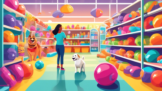 Create a high-resolution digital illustration of a colorful and spacious pet store aisle filled with vibrant, durable Tuffy dog toys in various shapes and sizes. The background should include playful
