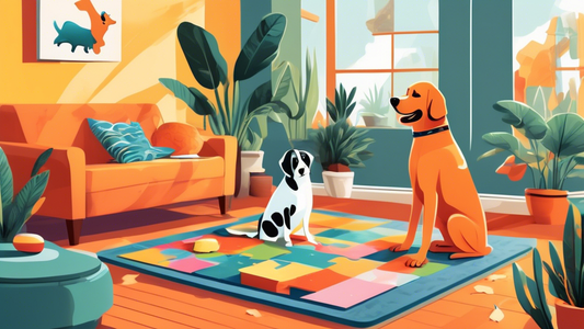 Create a vibrant and energetic scene featuring a playful dog interacting with an Outward Hound dog puzzle in a cozy living room. The dog should be depicted solving the puzzle with curiosity and excite