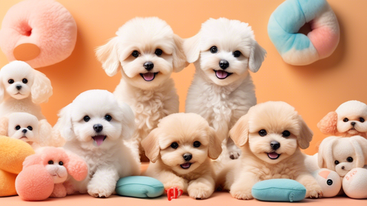 Prompt for DALL-E: A cozy and inviting room filled with soft lighting, featuring a group of adorable Toy Maltipoo puppies playing together. The puppies have fluffy, curly fur in a variety of colors in