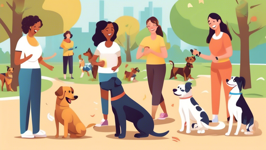 Create an image that depicts a variety of people happily training their dogs in a community park. Include different breeds of dogs and various exercises such as obedience training, agility courses, an
