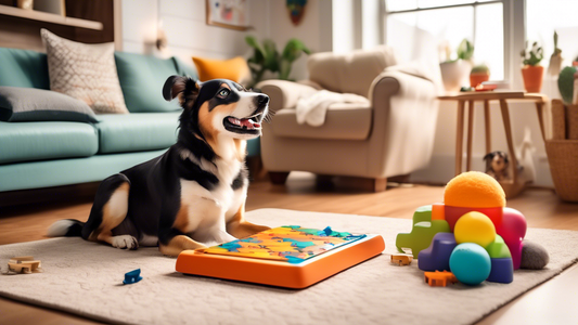 A cheerful, intelligent dog solving a variety of interactive and colorful puzzles in a cozy living room. Include toys such as treat-dispensing balls, puzzle boards with sliders and compartments, and a
