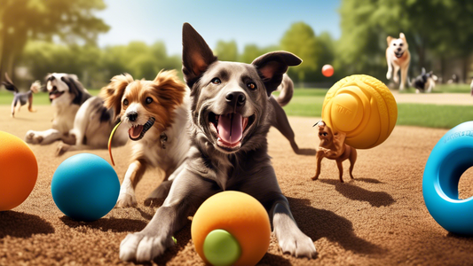 Create an image of a playful dog park scene featuring a diverse group of dogs of various breeds energetically engaging with durable dog toys. Include toys like rugged rubber balls, heavy-duty chew rop