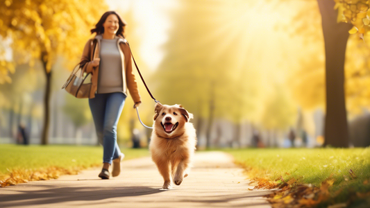 Create an image depicting a happy dog and owner walking in a park with a no pull leash. The dog appears calm and well-behaved, while the owner looks relaxed and in control. The leash should be visibly