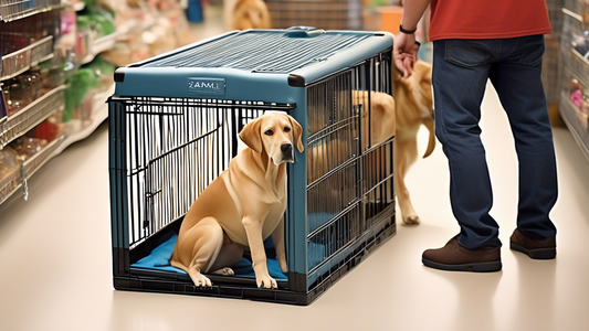 Create an image of a pet owner thoughtfully choosing an XL dog crate for their large breed dog in a well-organized pet store. The store should feature a variety of dog crates in different sizes, style