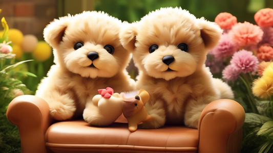 Create an image of a heartwarming scene featuring teddy bear puppies with cute, fluffy fur in a cozy, playful environment. The puppies should have expressive, button-like eyes and soft, rounded featur