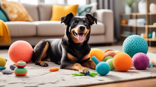 Create an image of a cheerful, well-groomed dog surrounded by an assortment of the latest and most innovative dog toys for 2023. The setting should be a cozy, modern living room with a plush dog bed i