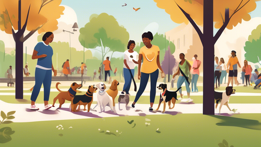 Create an illustration of a diverse community park setting where dog owners are engaging in various socialization activities with their dogs. The scene includes a group dog training class, dogs playin