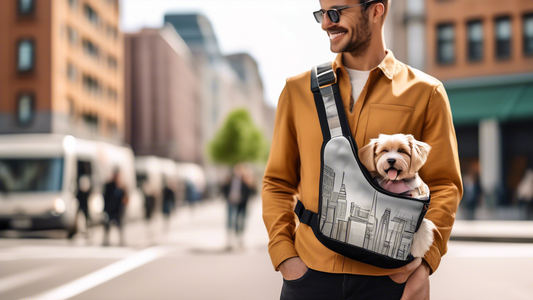 Create an image of a stylish dog sling bag being worn by a fashionable person in a trendy, urban setting. The person should be smiling and holding a small, happy puppy comfortably nestled in the sling