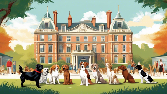 Create an image of a picturesque academy campus with dogs of various breeds enthusiastically engaging in training activities. The scene should include a professional dog trainer demonstrating techniqu