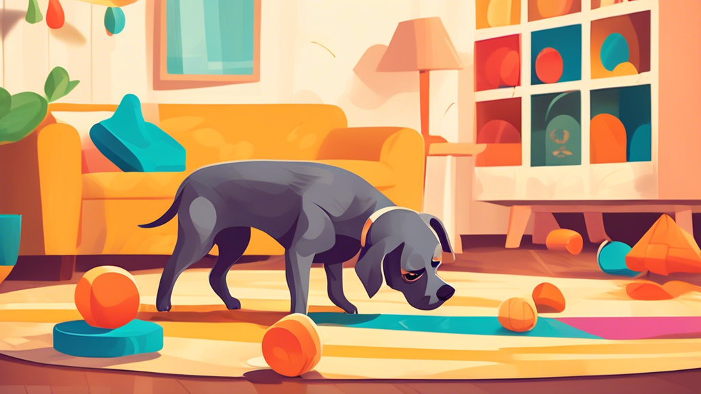A happy dog playing with a variety of innovative, quiet dog toys in a cozy living room. The dog toys are colorful, soft, and designed for squeakless fun, with the dog appearing content and the atmosph