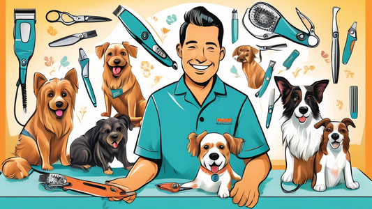 Create a vibrant and detailed illustration of a groomer happily using Andis Dog Clippers on various breeds of dogs in a professional setting. Highlight the ease of use, precision cutting, and peaceful