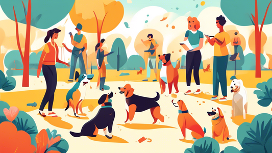 Create an illustration of a lively dog training class taking place in a sunny park, with a diverse group of happy dogs and their owners actively participating. Include a professional dog trainer demon
