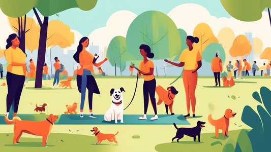 Create an image showing a cheerful dog training class in a community park, with diverse pet owners engaging with their dogs. The scene should have a friendly and affordable vibe, featuring a banner th