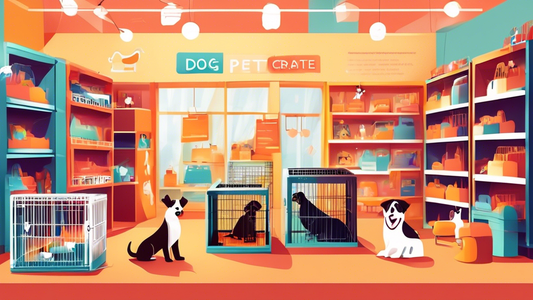 A cozy pet store setting with a variety of dog crates on display, ranging from small to large sizes, made of different materials like plastic, wire, and fabric. Friendly staff assisting customers, who