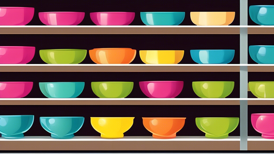 Create an image depicting a variety of colorful and stylish dog bowls arranged neatly on shelves in a pet supply warehouse. The setting should look like a spacious and well-organized wholesale store,