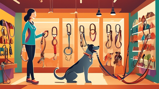 Create an image of a well-lit pet store display showcasing a variety of high-quality leather dog leashes in different colors and styles. Include a happy dog owner examining a leash closely with an ent