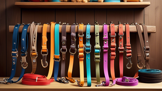 Create an image of a diverse assortment of 4-foot dog leashes displayed neatly on a wooden table. The leashes should come in various colors, patterns, and materials, such as leather, nylon, and rope.