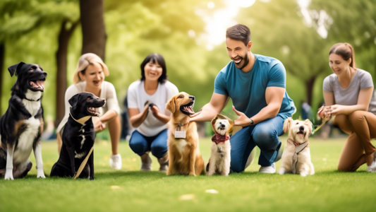 Create an image of a cheerful dog training session in a lush park. A friendly dog trainer is demonstrating commands such as sit and stay to a group of eager dog owners and their varied breeds. The dog