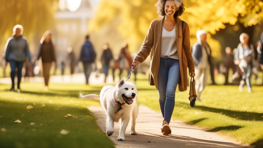 Create an image of a happy dog and its owner walking together in a park on a bright and sunny day. The dog is on a loose leash, walking calmly beside the owner who is holding the leash with a relaxed