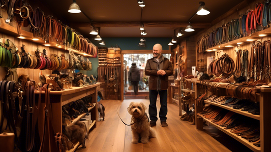 A well-lit, cozy pet shop displaying a variety of high-quality leather dog leashes in different colors and styles on wooden shelves. Highlight the textures and craftsmanship of the leashes, with a fri