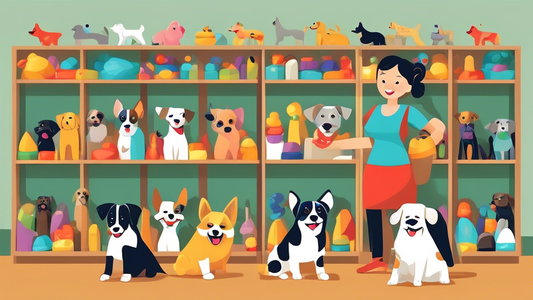 Create an image of a cheerful pet store owner stocking shelves with a large variety of colorful dog toys, displayed in bulk packaging. Include dogs of different breeds happily playing with the toys, s