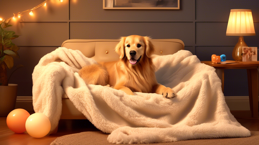 Create an image of a cozy living room with a fluffy, personalized dog blanket draped over a plush dog bed. A happy, well-groomed Golden Retriever is snuggling into the blanket, which has its name embr