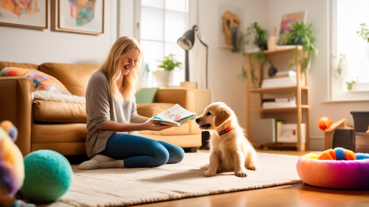 A brightly lit, cozy living room where a young golden retriever puppy is attentively learning commands from its owner. The environment is filled with colorful dog toys, training treats, and a comforta