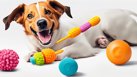 Create an image of innovative dog toys that serve dual functions, such as a chew toy that also dispenses treats or a ball that doubles as a grooming brush. Show a happy dog interacting with these toys